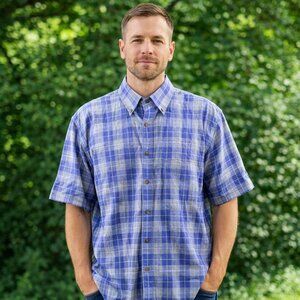 Vintage Men's Orvis Plaid Short-Sleeve Shirt Button Front Blue Gray Size Large